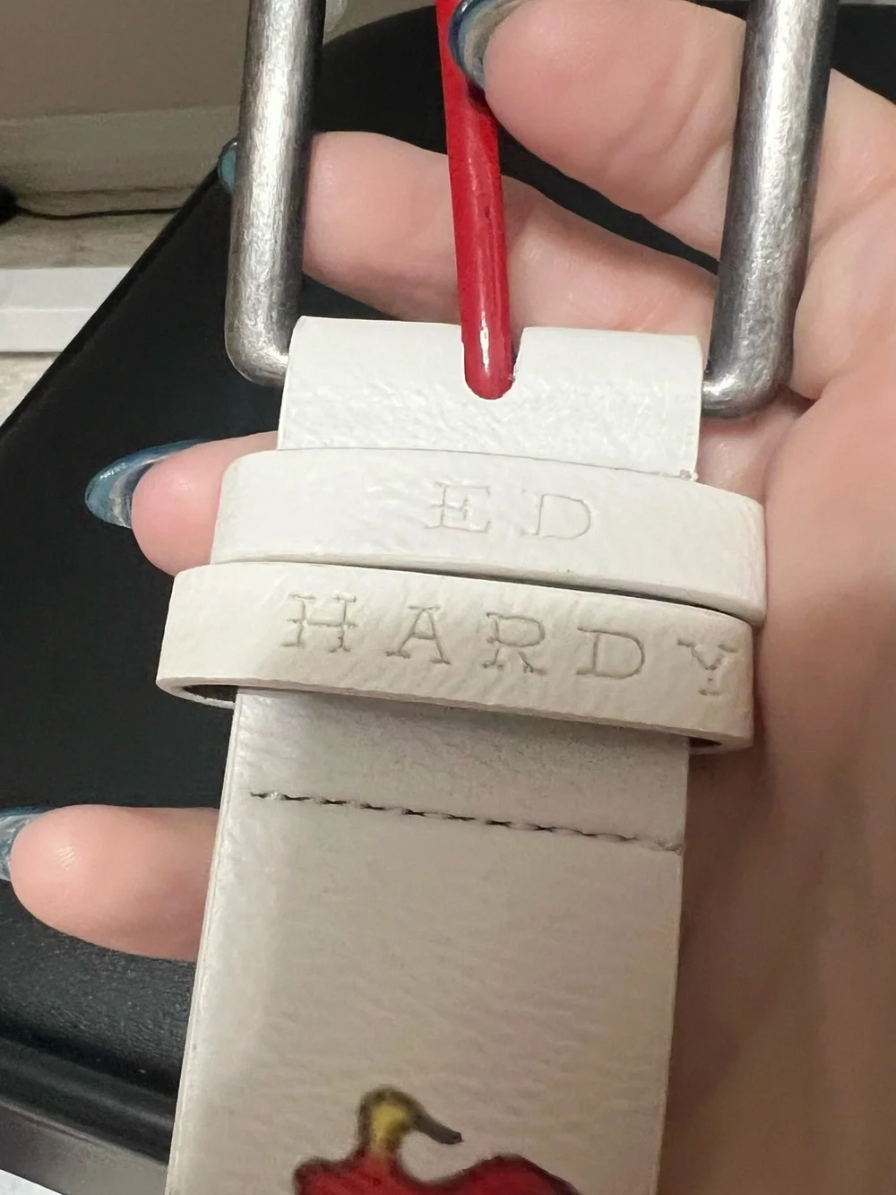 Ed Hardy White Leather Belt with Red & Yellow Flame Graphics